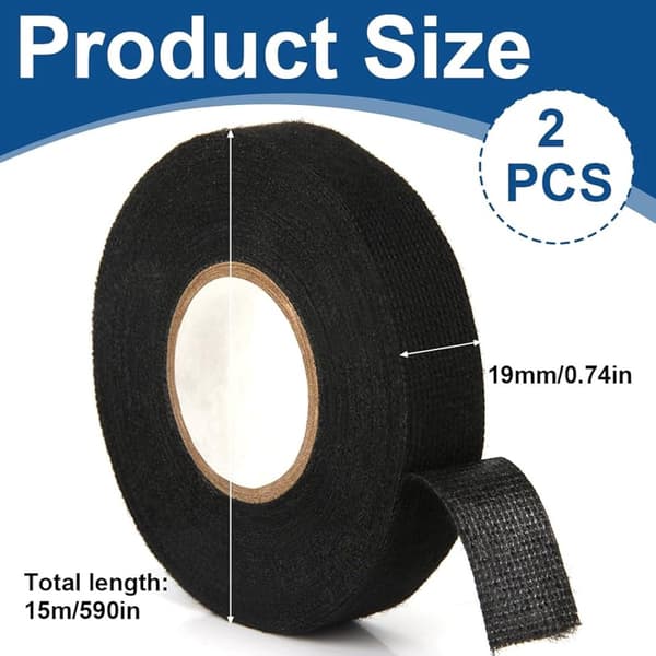 Svart tygtejp, bilkabeltejp, bomullsisolerande, 15mx19mm, 2-pack