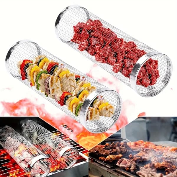 1 st, rund grill i rostfritt stål, utomhusgrillkorg, bärbar grill för utomhusmatlagning
