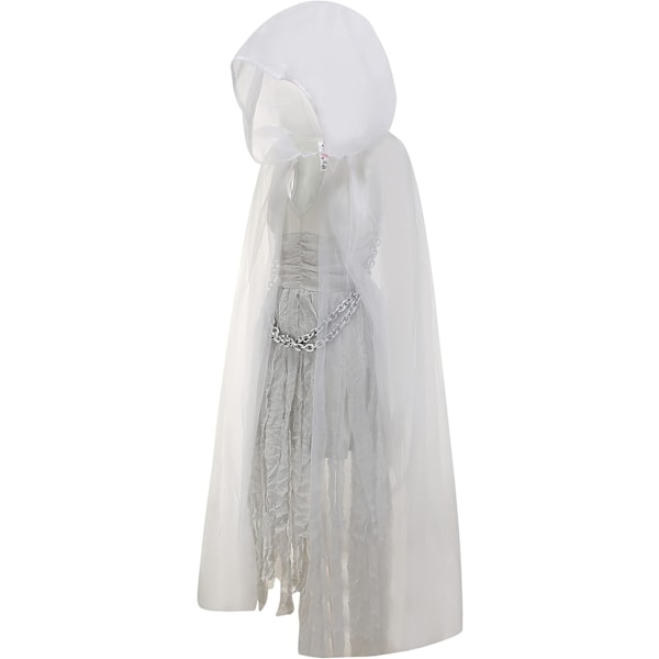 Spökbrud Halloween-kostym för kvinnor, kyrkogårdszombie-häxa-outfit, vit klänning, lång kappa med huva, plastkedja Spökklänning XL