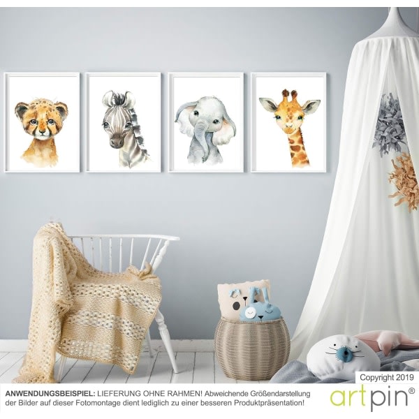 Set med 4 dekorationsaffischer för barnrummet - baby eller flickaffischer - Safaridjur i djungeln - A4 väggdekoration - bild Giraf