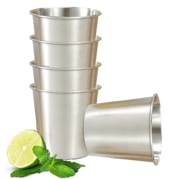 Sæt med 5 drikkekopper i rustfrit stål, stabelbare ølglas i børstet metal til rejser, camping, hjem, sølv 300ML 300ML