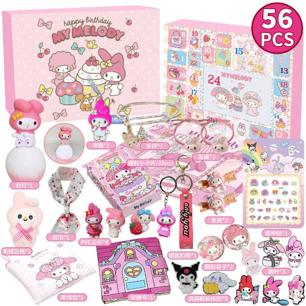 Joulukalenteri Sanrio-hahmoilla sokkelapakkauksissa, tyttöjen lelut, joulun odotus, juhlakoristeet Melody