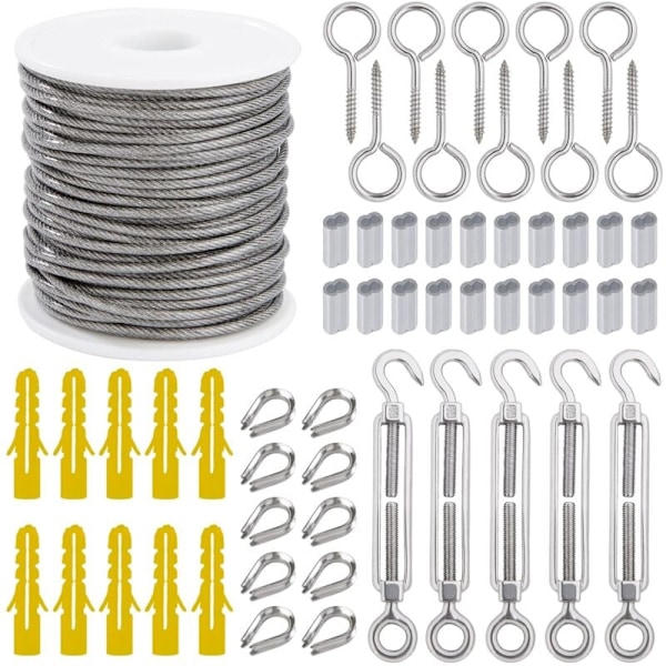 Wire Rope Hængesæt 2mm Rustfri Stål Wire 30m med Spændeskrue Øjeskrue Aluminium Sleeves Hjertefingerbøl 56 Dele