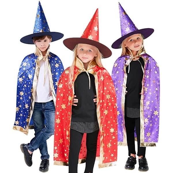 Trollmannskappe med hatt, Halloween-kostyme for barn, heksekappe, stjernekappe, magisk hatt, rollespill for gutter og jenter Färg: blå