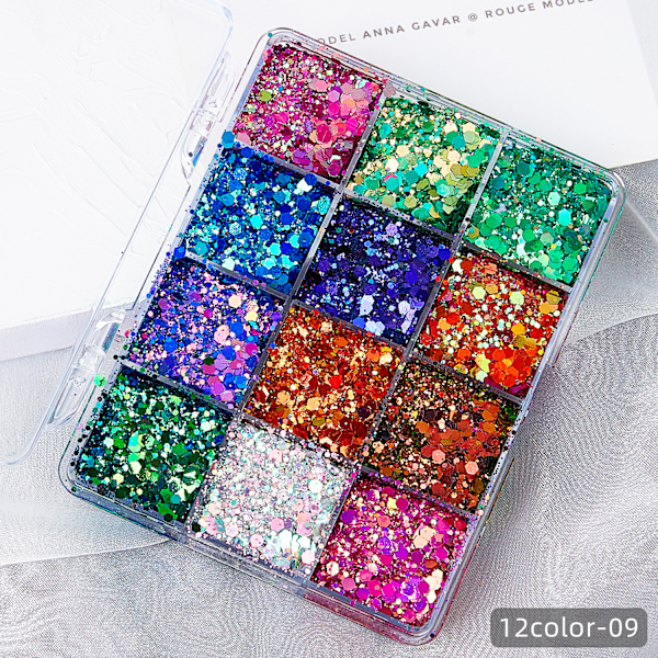 Grenseoverskridende bestselgende paljettgel-flashpulver havfrue limfri lapp barnas forestilling nattklubb scene sminke makeup 12 color box set-09