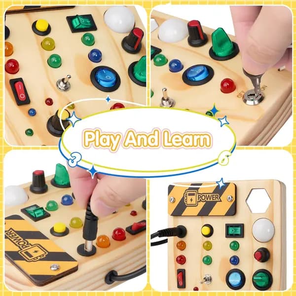Montessori Aktivitetsbrett med 27 LED-lys og 10 knapper, Sensorisk Treleke for Småbarn 1-6 år, Gave til Gutter og Jenter
