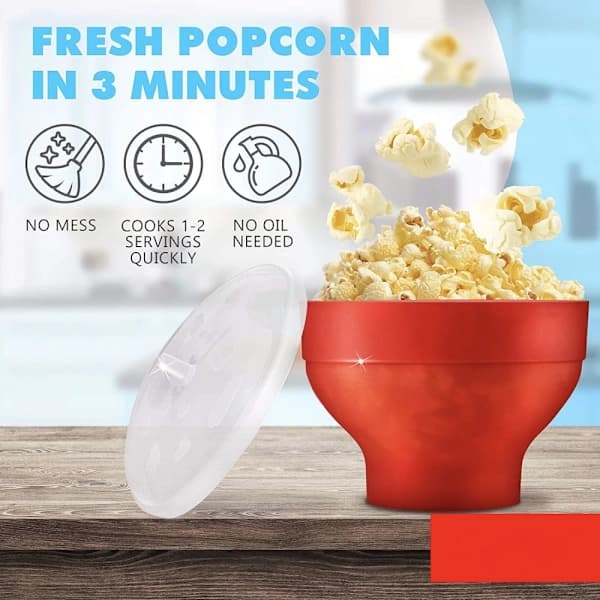 Fällbar Popcorn Maker skål - Gör popcorn i mikrovågsugnen - röd
