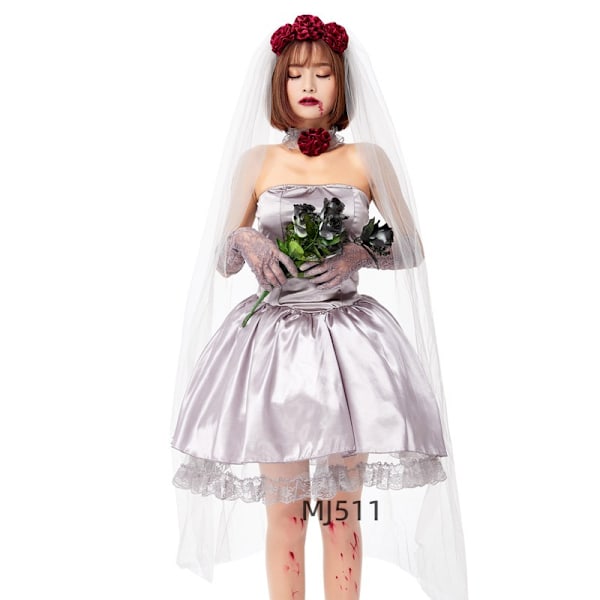 Ny personlig japansk Rakuten Halloween vuxen vampyr cosplay blomma brud ros spöke brud kostym silver gray L