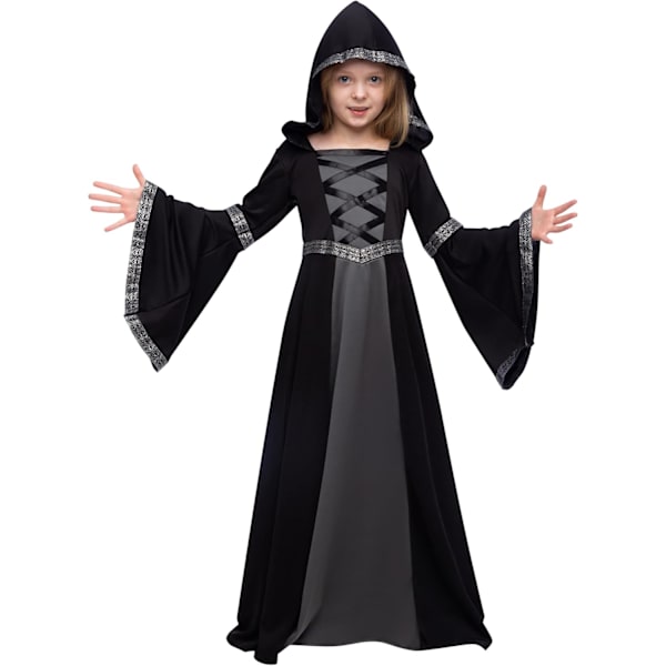 Musta naamioasu tytöille, satu-noita-asu Halloween-roolileikkijuhliin - L (10-12 vuotta) Medium(8-10 yr)