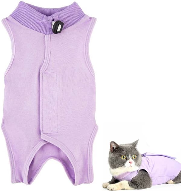 Kattens restitusjonsdrakt, pustende modalt stoff med trykknapper, postoperativ beskyttelse for katter, lilla, medium, 2-4 kg