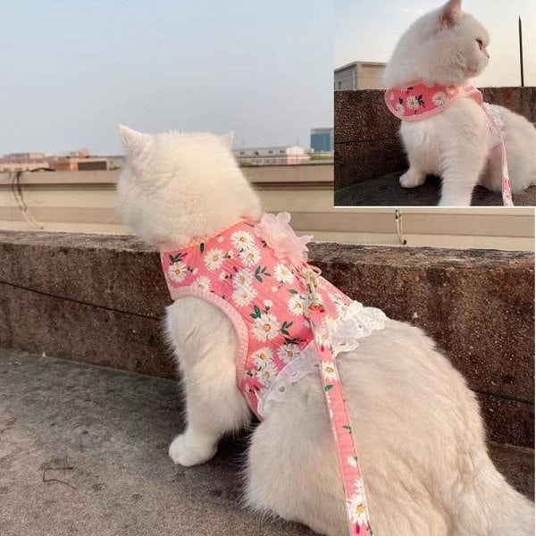 IC Hundklänning med Koppel Set Tryckt Daisy Mönster Katt Sele Klänning Andningsbar Mesh Valp Sele Koppel Set (Medium, Rosa)
