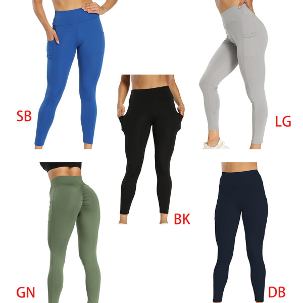 Hög midja för kvinnor Träning Yogabyxor Scrunch Ruched Butt Lifting Sports Leggings Fitness Gym Enfärgad Push Up Tights med fickor Black M