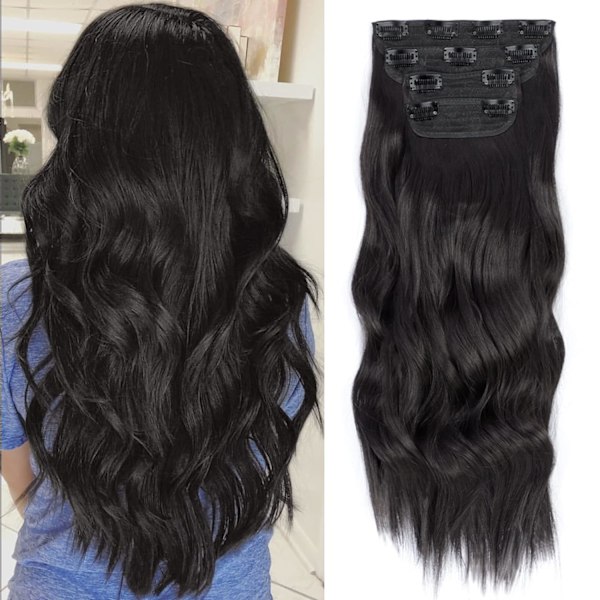 4 stk. Clip-in lange, myke Glam Waves tykke hårdeler 16 tommer naturlig svartbrune hårføyelser syntetisk fiber dobbeltveft hår for kvinner full hode