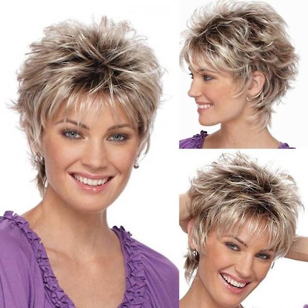 Kvinnors peruk realistisk fluffigt kort hår kemisk fiber rakt blont hår gradient grått hårguld