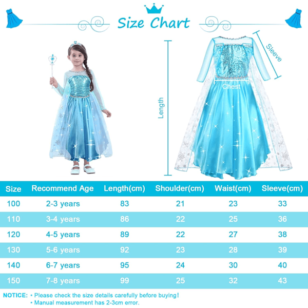 ELSA-asu lapsille, tytöille, 9-osainen setti, ELSA-mekko lapsille, jossa kruunu, tiara, hanskat, taikasauva jouluun, naamiaisiin, karnevaaliin, Halloweeniin, syntymäpäiväjuhliin 130 cm