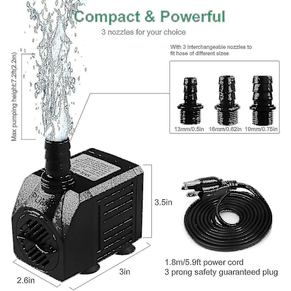 Springvandspumpe, 150 gph nedsænkelig vandpumpe (8w 600l/h), lille støjsvag udvendig springvandspumpe med 3,3 fods slange (diameter indvendig-hy