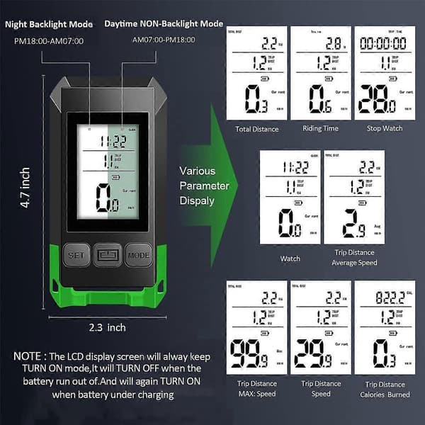 4-i-1 Cykellygte med LCD-display, speedometer og horn, USB-genopladelig cykelcomputer til O