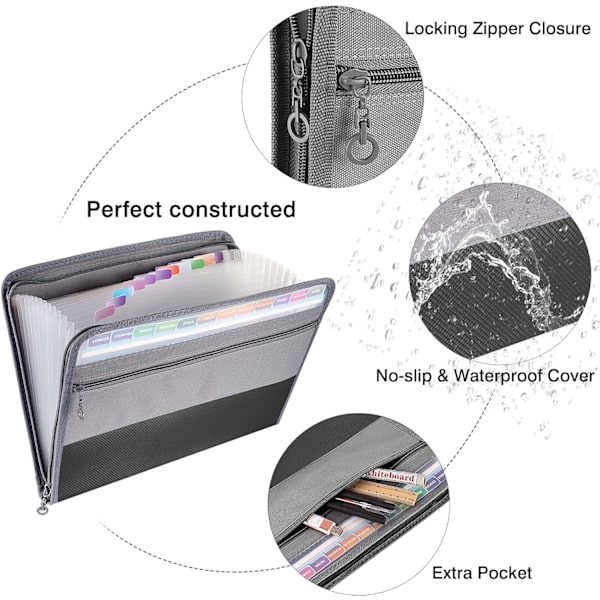 2-pack expandermapp A4, 13 fack Dokument dragspelsmapp Sortingsmapp med dragkedja, dokumentväska Canvasväska Väska Bågm 2 Pack Gray Expanding Folders