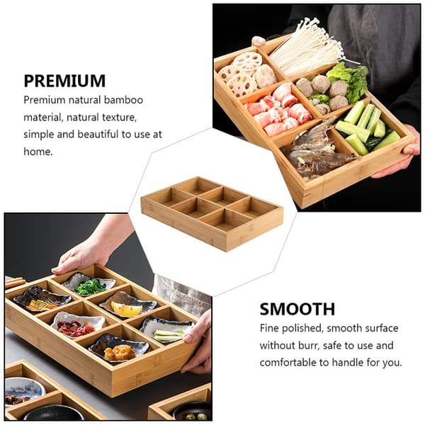 Serveringsbakke i træ med 6 rum, opdelt snackfad og køkkenorganisatorfad (natur) Six-compartment tray