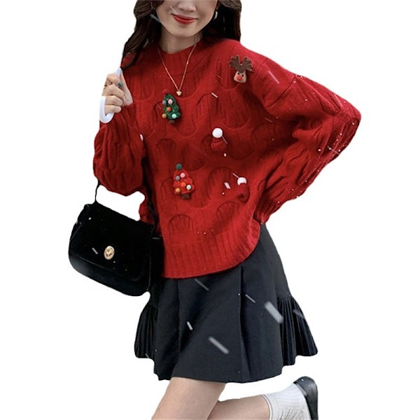 Röd jultröja höst & vinter 2024 ny design Koreansk åldersreducerande lös långärmad mångsidig topp för kvinnor MJ51 off white One Size