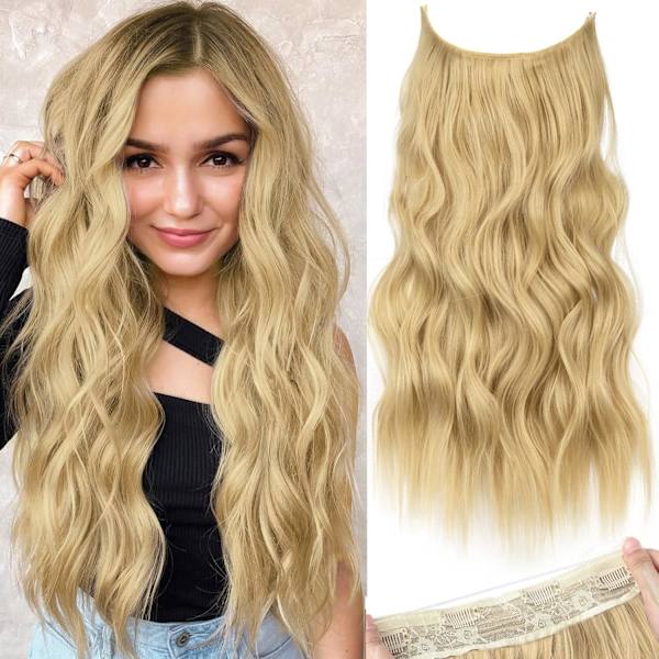Osynliga trådhår extensions med transparent tråd justerbar storlek långt vågigt syntetiskt hårstycke gyllene blond 20 tum med 4 säkra klämmor för kvinnor