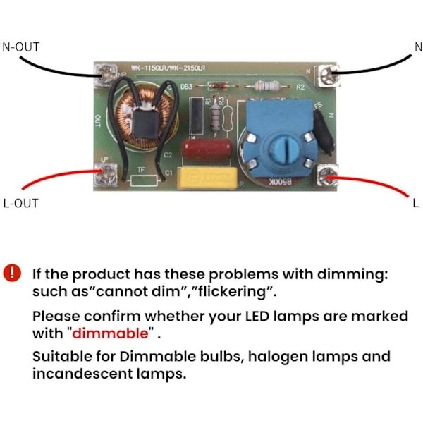 Himmennettävä himmenninkytkin 1W–150W LED himmennettäville hehkulampuille On/Off AC220–240V Inline/Välissä 1W Hiljainen (Johdinlenkki pyörivällä säätimellä)