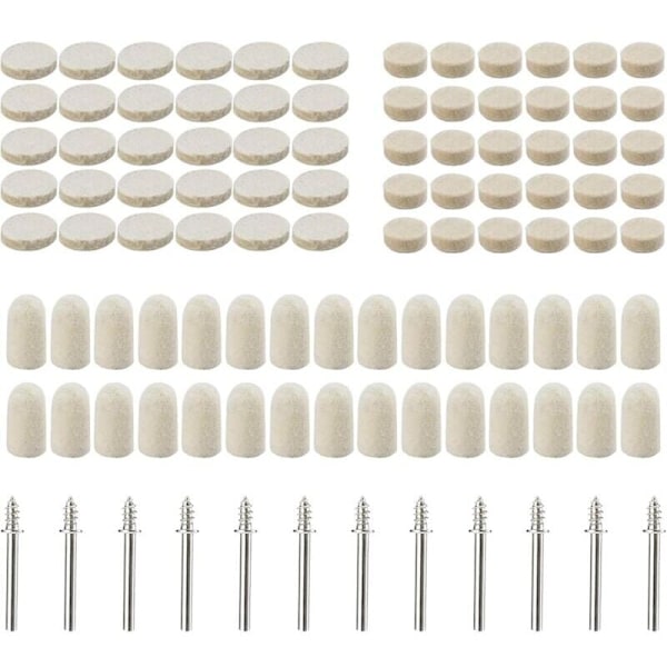 102 stk. Polerskiver i uldfilt, slibende polerskive til tilbehør - roterende værktøj - assorterede størrelser 10/13/25 mm diameter..DEBUNS