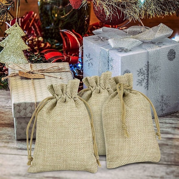 100 stk. Jute Poser 7x9cm, Gjenbrukbare Gaveposer, Jute Sekker med Snøring for Smykker Gavefest Bursdag Jul Bryllup DIY - Khaki