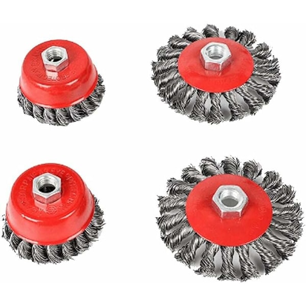 Konisk borste för vinkelslip, metall/stål, tvinnad tråd, flexibel, diameter: 75 och 100 mm, fästgänga: M14, 4 stycken