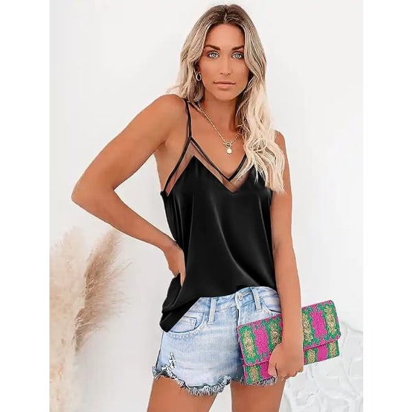 IC Satin Mesh V-hals Tanktop Dame Cami Top Silke Camisole Casual Bluse (Stor)