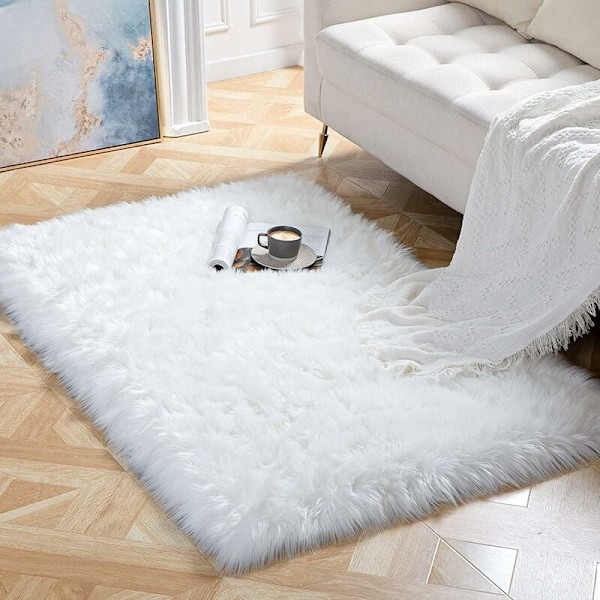 Fuskfårskinnsmatta 60x90cm Imitationsfleece Matta Fluffig Mjuk Långhårig Dekorativ Soffstol Kudde Matta (Vit, 60x90cm)