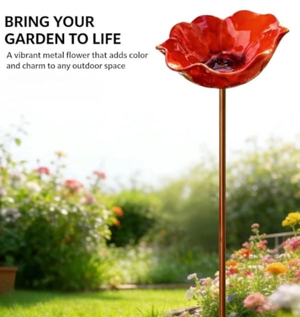 Fuglebad i metal med blomsterdesign, håndlavet havefuglefoderbræt til fugle, bier og sommerfugle, udendørs terrasseindretning, rød red
