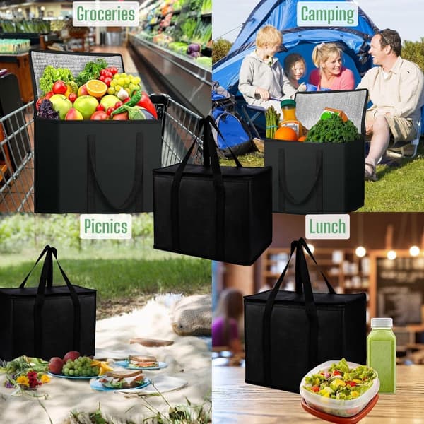 2 kjølebager - 30L - Sammenleggbar, stor, med solid glidelås - Isolert handlepose, piknikpose - for utendørs reise - 41*26*33 cm - Svart