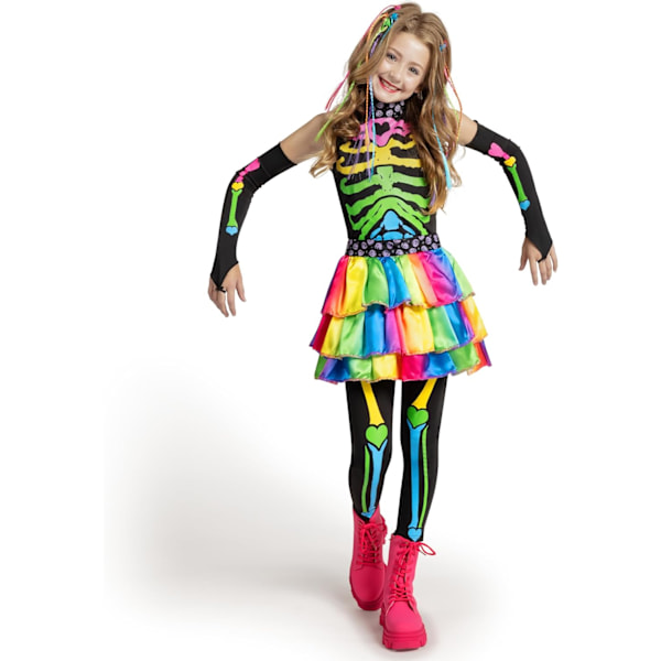 Fargerikt og trendy skjeletkostyme for jenter, luksuriøst kostyme med hårforlengelser, for Halloween-fester Small ( 5 – 7 yrs)