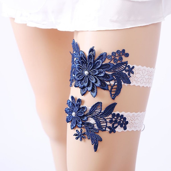 2 st/set Bröllop Brud Spets Strumpeband Bälten Suspender Fest Tillbehör Gåvor Navy Blue