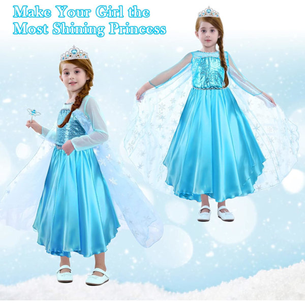 ELSA-kostym för flickor 9-delad set ELSA-klänning med krona tiara handskar trollstav för julmaskerad karneval halloween födelsedagsfest 120 cm