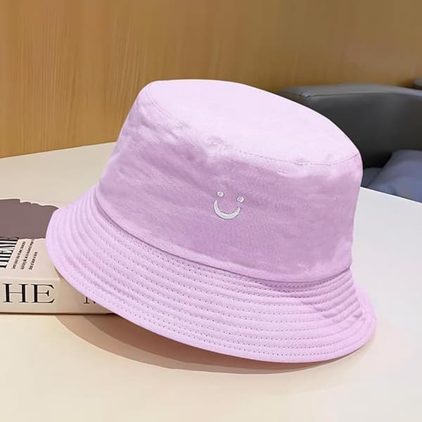 Vendbar bøttehatt for barn, bred brem, smilefjesbroderi, pustende, for gutter og jenter i alderen 2-8 år, lilla/rosa, 56-58 cm