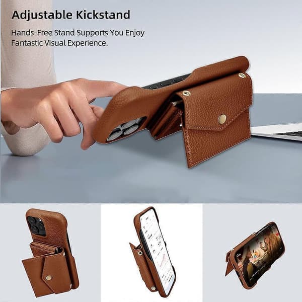 Litchi Textur Horisontell Kortficka Telefonfodral med Lång Snodd Brun Brown For iPhone 13 Pro