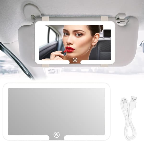 Bil sminkespeil med LED-lys, 3 lysmoduser, dimbar berøringskontroll, USB oppladbart, for solskjermer, hvit, 23,5 x 12,5 cm