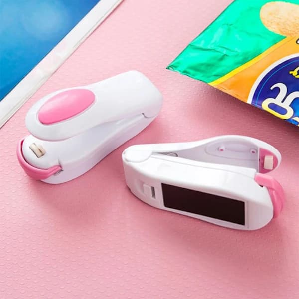 3-pakning mini-poseforsegler bærbar plastikk snackposeforsegler for kjøkkenmatoppbevaring hvit rosa 10 cm