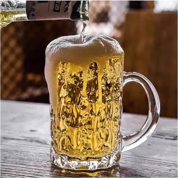 Ølkrus af glas med hank, stort tykt holdbart drikkekrus til øl, te og kaffe, klart