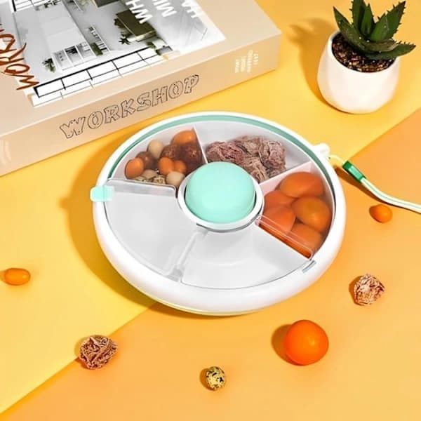 Snack Spinner Opbevaringsboks med låg, 5-rums Roterende ABS Snackbeholder til Børn Picnic Rejse, Grøn