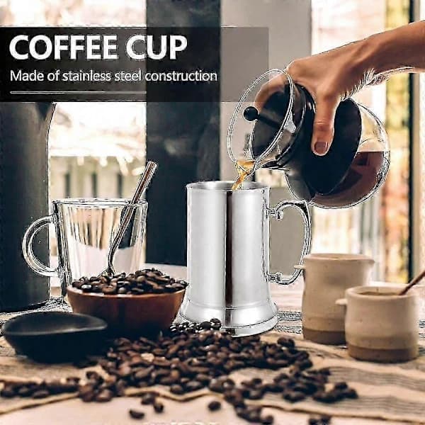 Ølkrus i rustfrit stål, dobbeltvægget isoleret med håndtag til øl, kaffe eller mælk, sølv, 560 ml