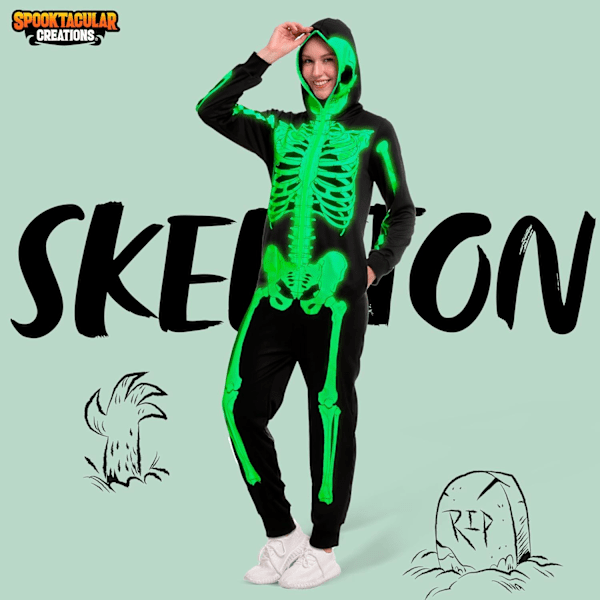 Unisex Skelett Onesie Pyjamas Plysch Skelett Jumpsuit Dragkedja Halloween Hoodie Pyjamas för Vuxna Nattkläder Kostym gRÖN M