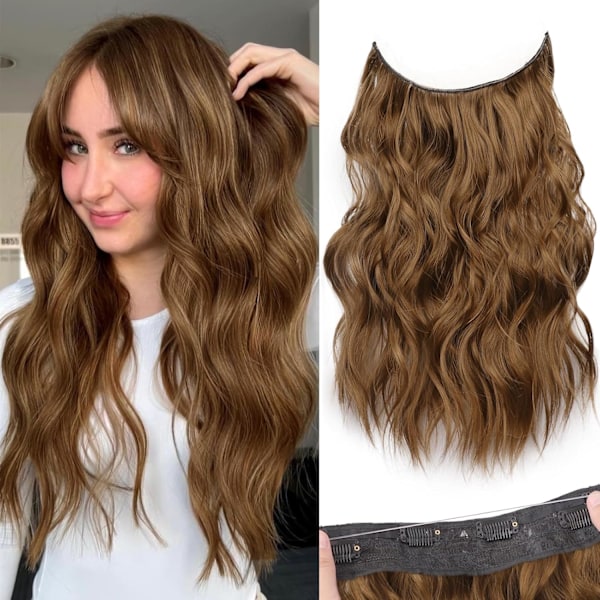 Osynliga trådhår extensions med transparent trådhuvudband justerbar storlek 4 säkra clips långt vågigt hårförlängning 16 tum COCOA# för kvinnor