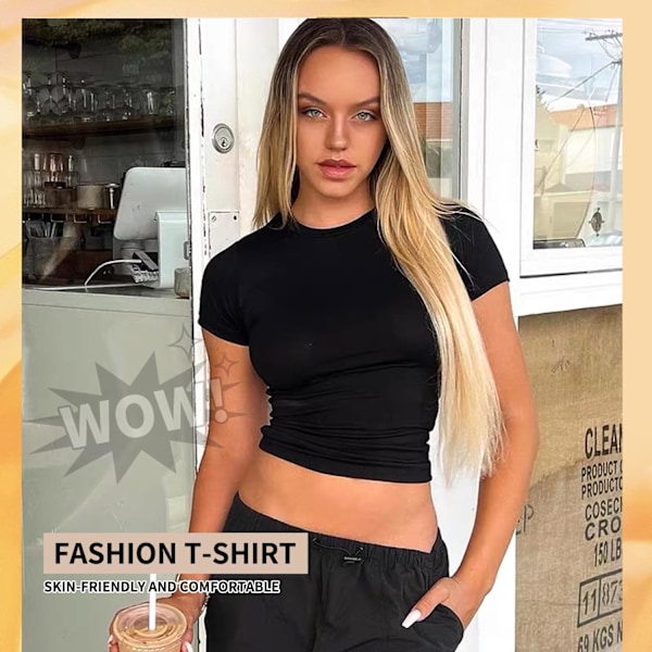 Basic t-skjorte med slim fit for kvinner, skims Y2K topp dupe, crop topper for kvinner, magfri topp for kvinner, basic crop topper casual atletisk topp tenårings streetwear, Y2K skjorte svart S