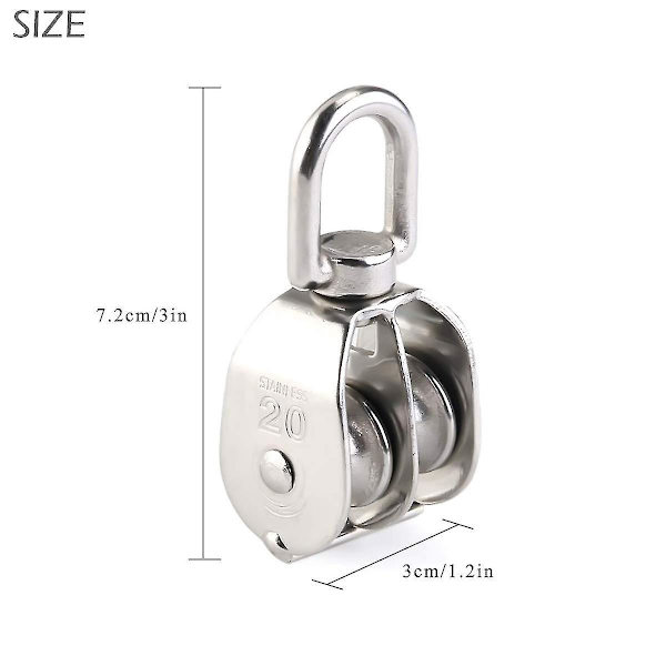 20mm Dubbel Remskiva Block, Rostfritt Stål Remskiva, Kran Roterande Smidig Wire Rep Lastning 75kg - 2 Stycken