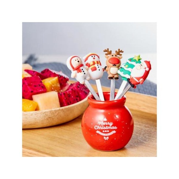 IC 5 st Jul Fruktgaffel Rostfritt Stål Tecknad Jultomte Sallad