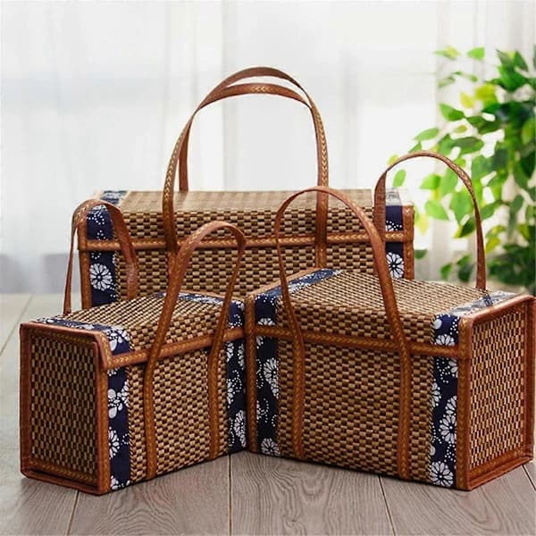 Picknickkorg i bambu, hopfällbar, bärbar, handhållen förvaringsbehållare för mat och snacks för utomhuspicknick 36x18x25cm