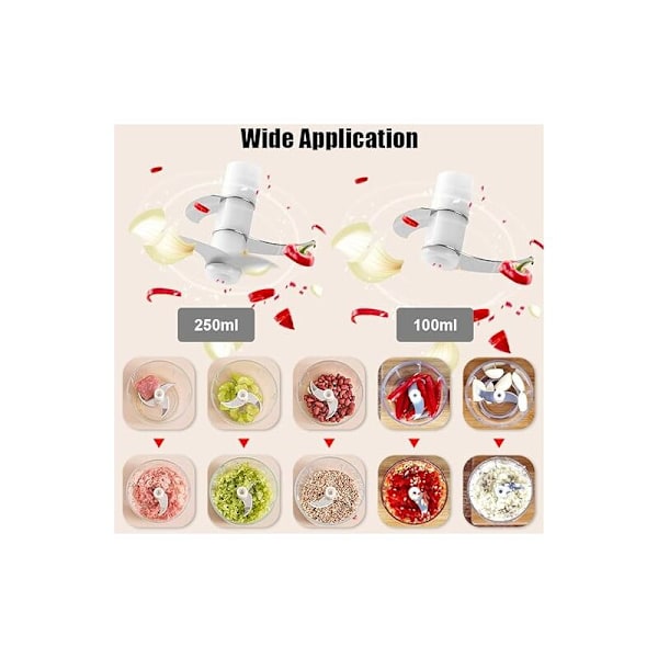 Mini Elektrisk Lökhackare med 2 Behållare, Multi Elektrisk Köksmixer Hackare 250ML+100ML, USB Uppladdningsbar för Grönsaker Frukt Kött (Vit)